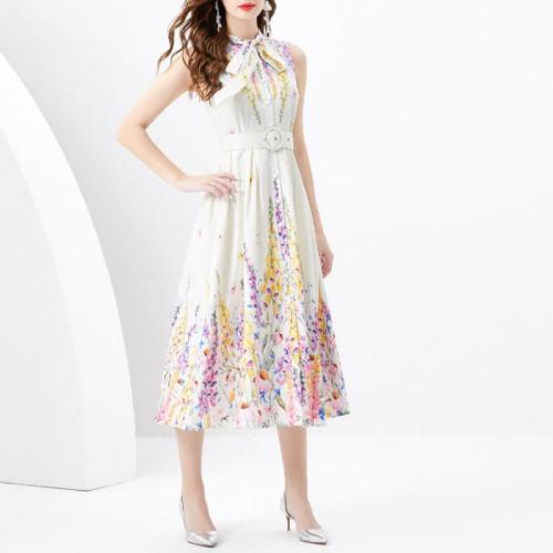 Chiffon Waist-controlled One-piece Dress slimming printed Apricot PC