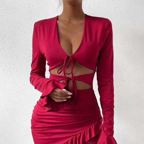 Polyester Slim One-piece Dress & hollow fuchsia PC