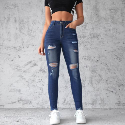 Denim Ripped & High Waist Women Jeans lift the hip Solid blue PC