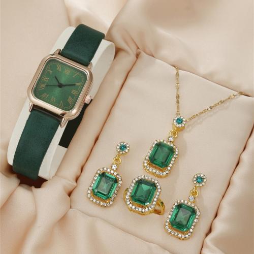 Glass & Stainless Steel & PU Leather & Zinc Alloy Jewelry Set for women & four piece & with rhinestone plated Set