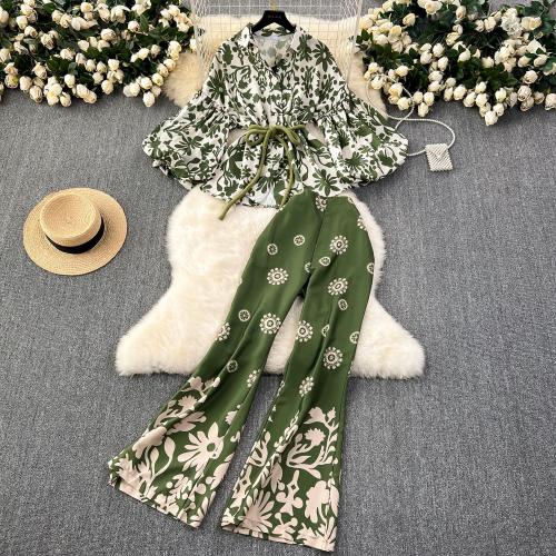 Gemengde stof Vrouwen Casual Set Lange broek & Boven Bloemen Groene Instellen