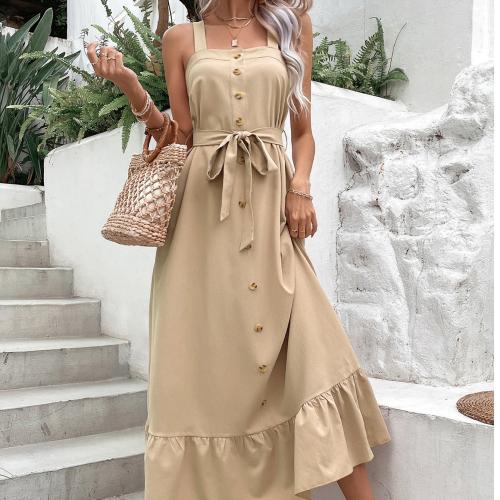 Polyester Slip Dress slimming Solid khaki PC