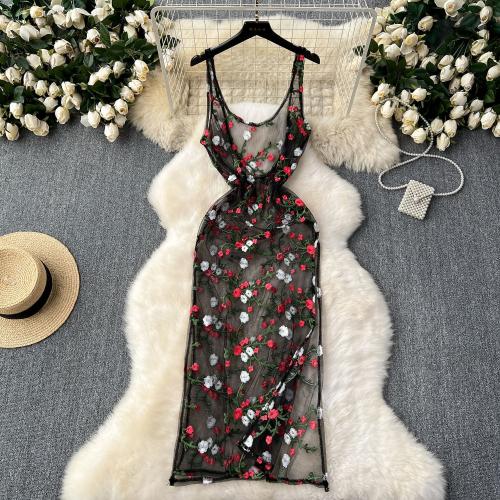 Gauze Slip Dress see through look & mid-long style & side slit embroider floral : PC