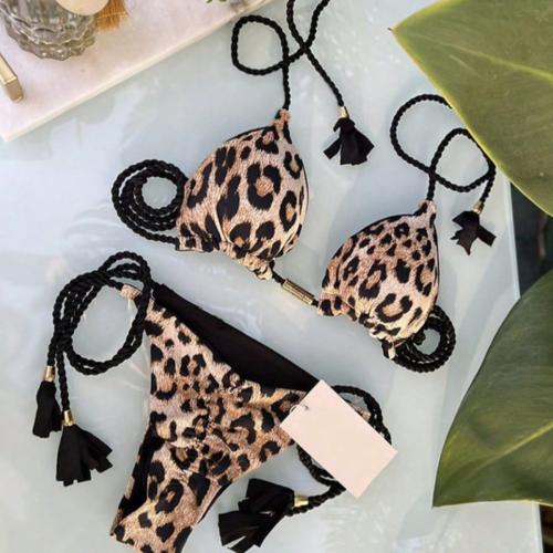 Polyester Bikini Imprimé Leopard Marron Ensemble