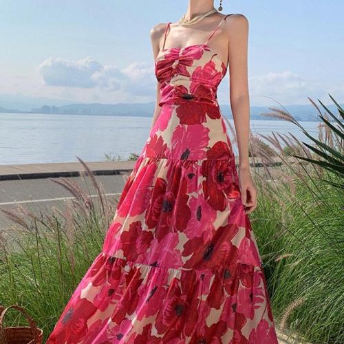 Spandex & Polyester Slim & High Waist Slip Dress & tube printed floral red PC