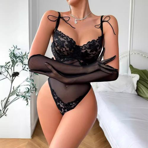 Lace & Polyester Sexy Teddy see through look & slimming & deep V glove black PC