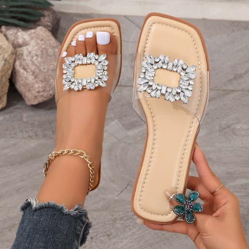 Rubber & PU Leather & Rhinestone flat heel Slipper beige Pair