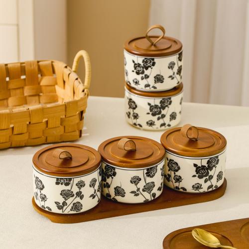 Bamboo & Ceramics dampproof Storage Jar tight seal floral PC