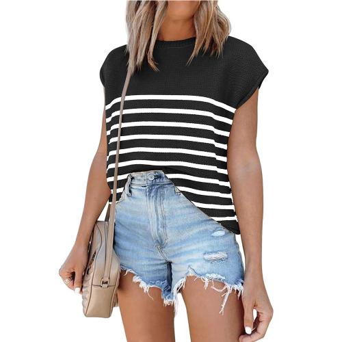 Acrylic & Nylon Women Short Sleeve Blouses slimming printed striped PC