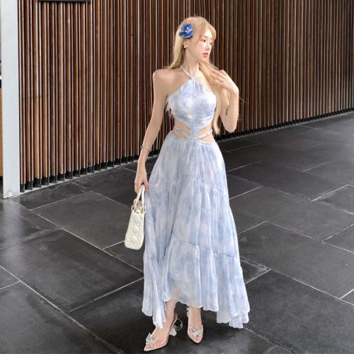 Polyester Slim Slip Dress hollow printed floral blue PC