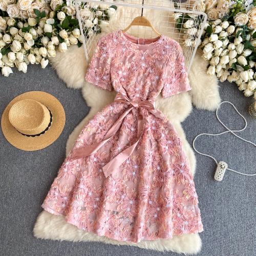 Polyester Princess One-piece Dress slimming embroider floral pink PC