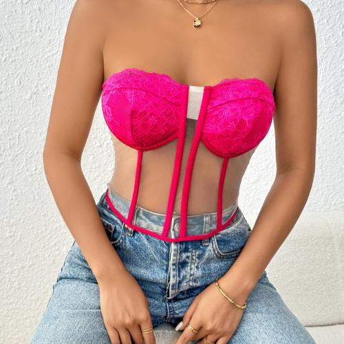 Polyester Tube Top midriff-baring & see through look & skinny style fuchsia PC