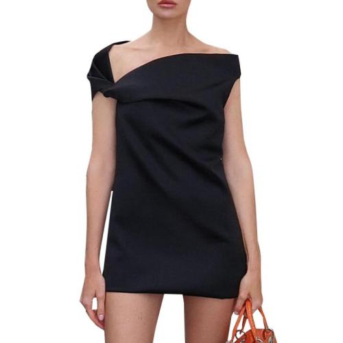 Polyester Slim One-piece Dress & off shoulder patchwork Solid black PC