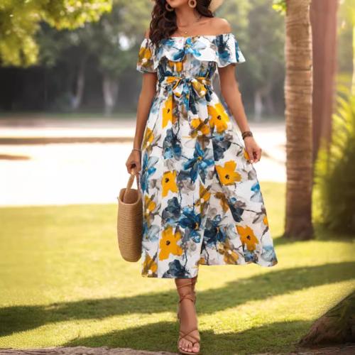 Polyester front slit One-piece Dress slimming & off shoulder printed PC