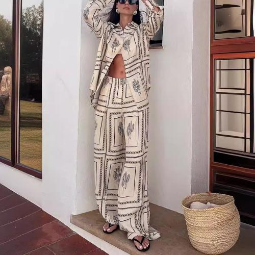 Polyester Women Pajama Set & two piece & loose printed Apricot Set