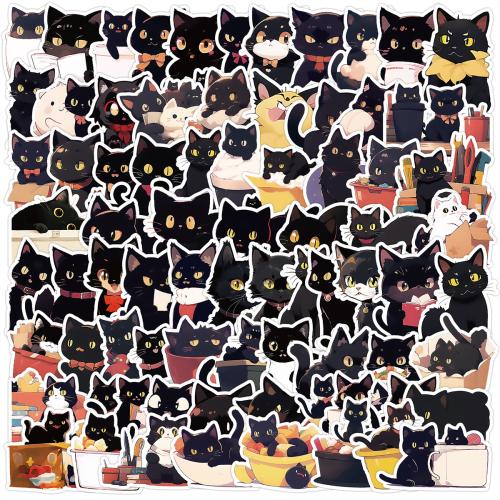 Druckempfindlicher Klebstoff & Pvc Dekorative Aufkleber, Gedruckt, Katzen, Schwarz, 100Pcs/Tasche,  Tasche