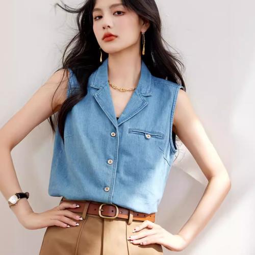 Denim Women Sleeveless Shirt & loose Solid blue PC