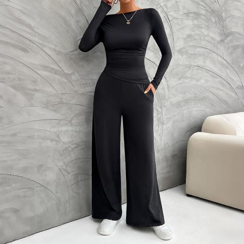 Polyester Wide Leg Trousers & Soft Women Casual Set & two piece Solid Set