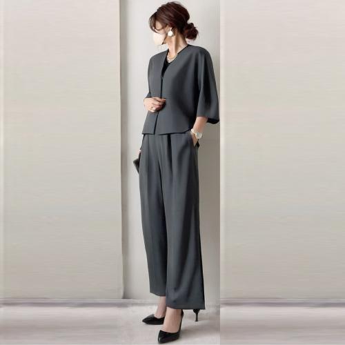 Polyester & Coton Costume de pantalon d’affaires de femmes Pantalon Nine Point & Manteau Solide Gris Ensemble