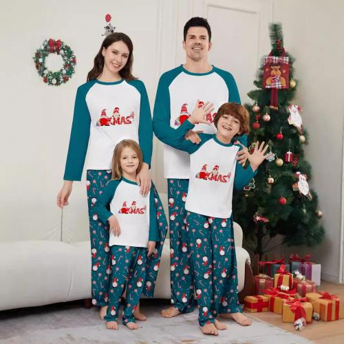 Polyester Parent-child Sleepwear christmas design & loose printed Santa Claus blue Set