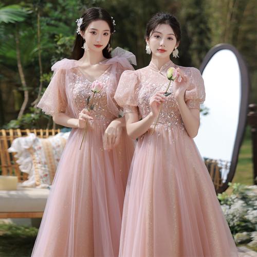 Polyester Slim Long Evening Dress  patchwork Solid pink PC