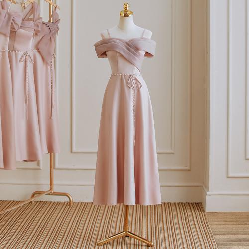 Polyester Slim Long Evening Dress  patchwork Solid pink PC