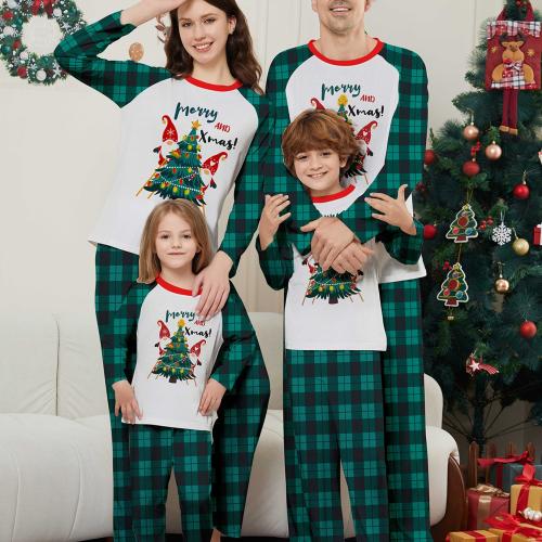 Polyester Parent-child Sleepwear christmas design & loose printed green Set