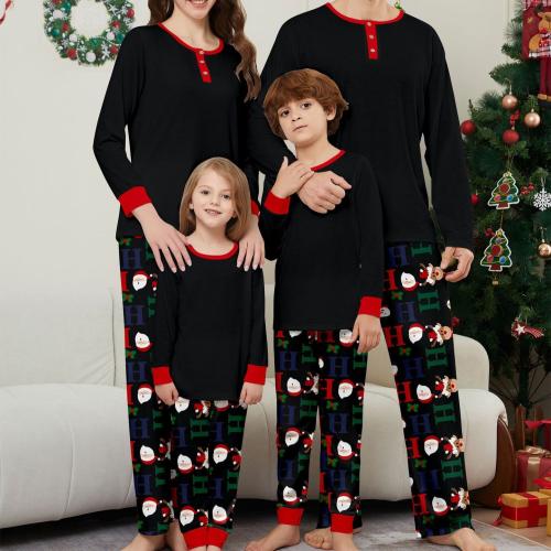 Polyester Parent-child Sleepwear christmas design & loose printed black Set