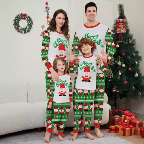 Polyester Parent-child Sleepwear christmas design & loose printed Santa Claus green Set