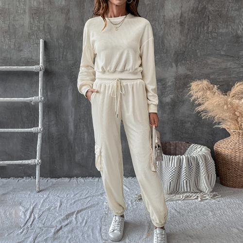 Polyester Ensemble occasionnel de femmes Sweatshirt & Pantalon Patchwork Solide Beige Ensemble