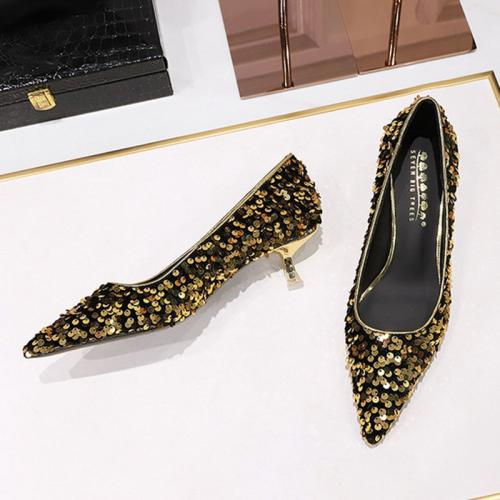 Rubber & PU Leather & Sequin Stiletto High-Heeled Shoes pointed toe Pair