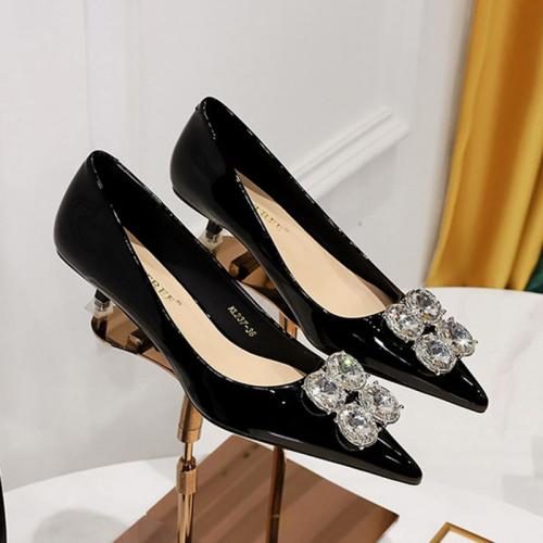 Patent Leather & PU Leather Stiletto High-Heeled Shoes pointed toe & with rhinestone Pair