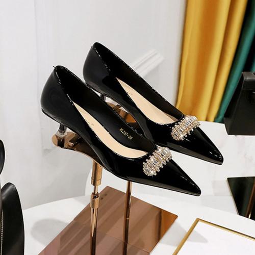 Patent Leather & PU Leather Stiletto High-Heeled Shoes pointed toe & with rhinestone Pair