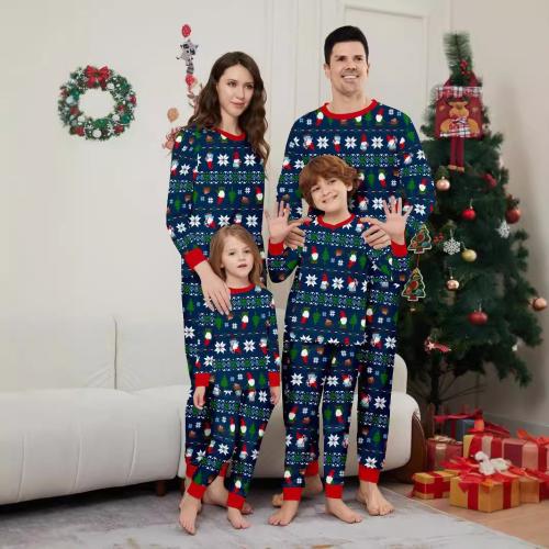 Polyester Parent-child Sleepwear christmas design & loose printed blue Set