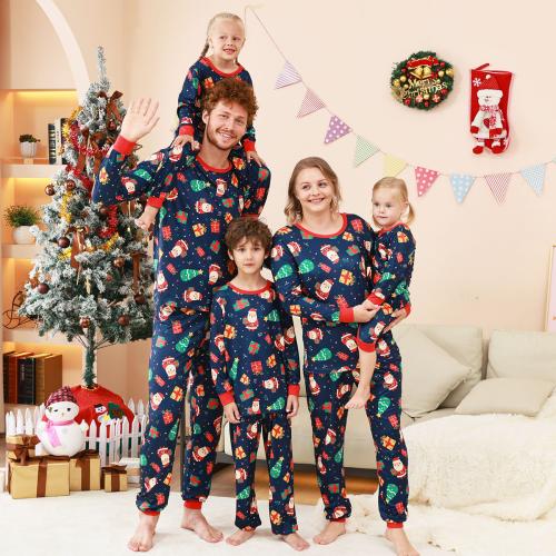 Polyester Parent-child Sleepwear christmas design & loose printed blue Set