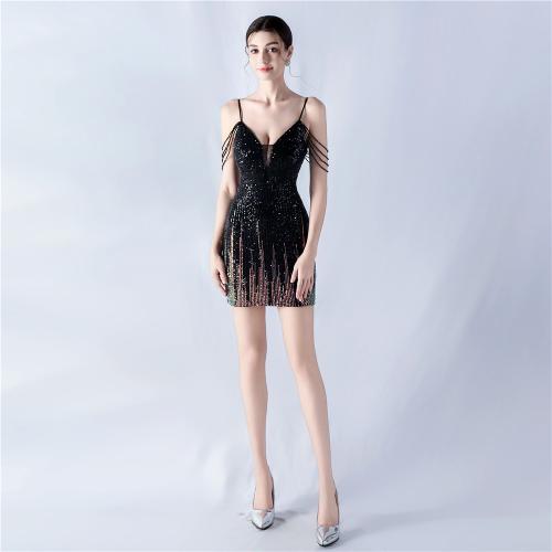 Sequin & Polyester Slim Short Evening Dress deep V PC