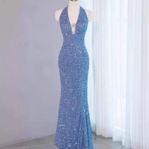 Polyester Mermaid Long Evening Dress deep V & backless patchwork Solid blue PC