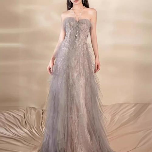 Polyester Mermaid Long Evening Dress & tube patchwork Solid gray PC