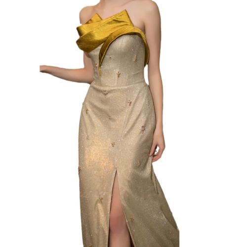 Spandex Long Evening Dress side slit & tube patchwork Solid champagne PC