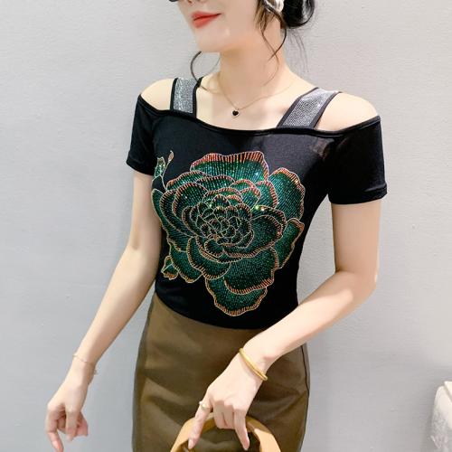 Gauze & Polyester Slim Women Short Sleeve T-Shirts iron-on Solid black PC