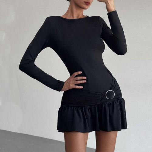 Polyester Slim One-piece Dress patchwork Solid black PC