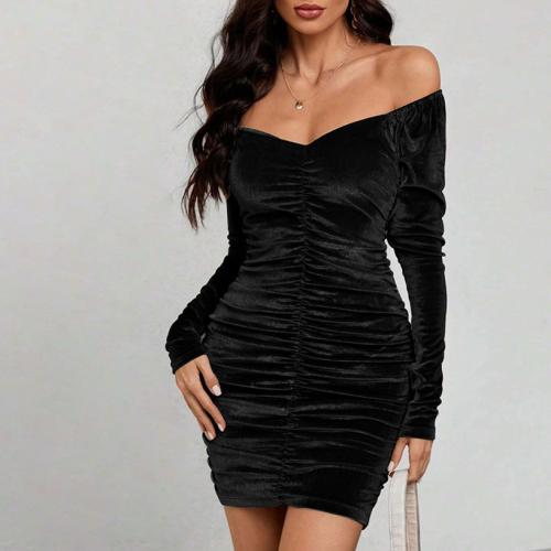 Velour Slim Sexy Package Hip Dresses patchwork Solid black PC