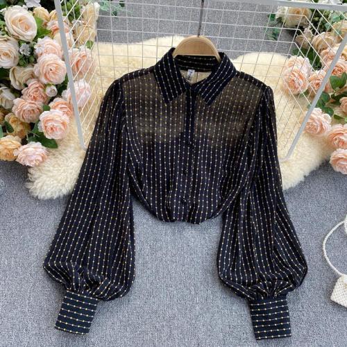 Chiffon Women Long Sleeve Shirt & loose printed dot black PC