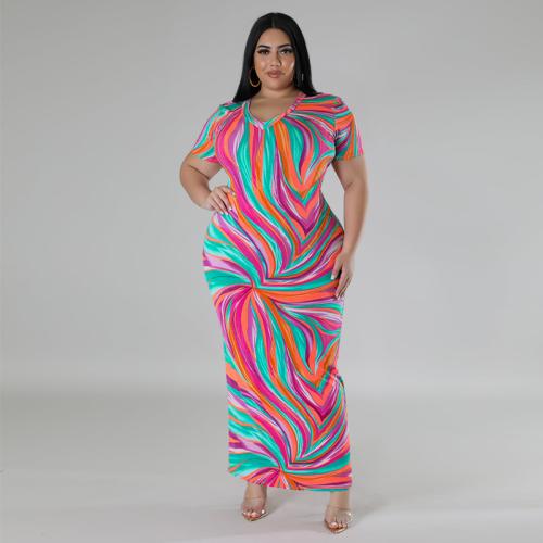 Polyester Plus Size One-piece Dress & loose printed striped fuchsia PC