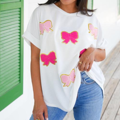 Polyester Women Short Sleeve T-Shirts & loose printed bowknot pattern PC