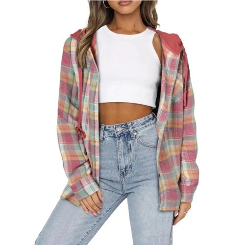 Polyester & Cotton Women Long Sleeve Shirt & loose printed plaid PC