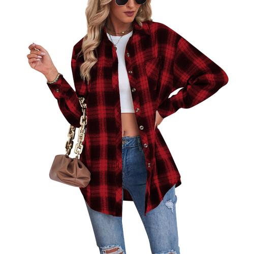 Polyester Women Long Sleeve Shirt & loose sanding plaid PC