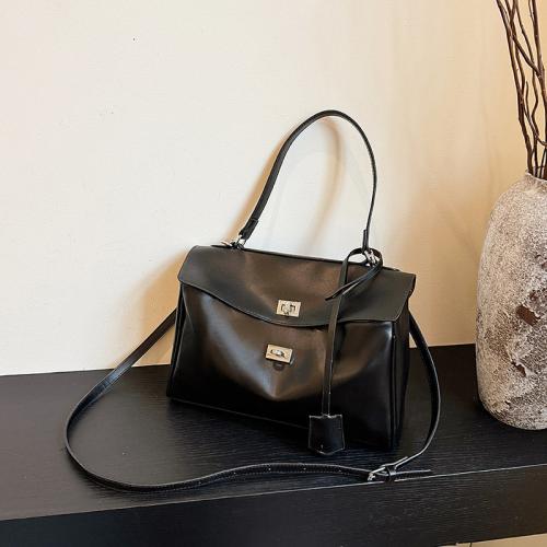 PU Leather Handbag soft surface & attached with hanging strap Solid black PC