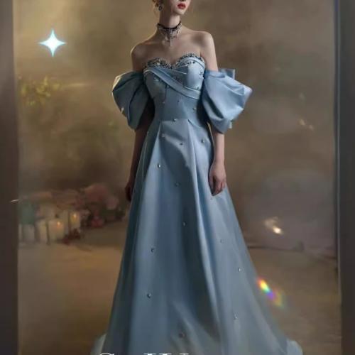 Polyester Long Evening Dress large hem design & tube patchwork Solid blue PC