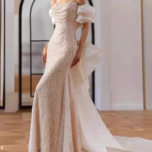 Polyester Mermaid Long Evening Dress & tube patchwork Solid white PC